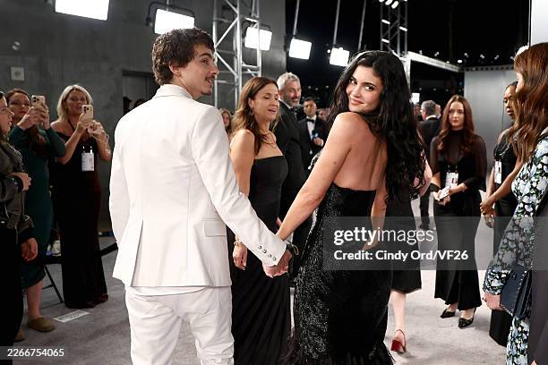Timothée Chalamet and Kylie Jenner attend the 2026 Vanity Fair Oscar Party Hosted By Mark Guiducci at Los Angeles County Museum of Art on March 15,...