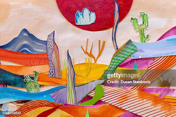 abstract desert landscape: ai-inspired paper collage with cacti - desert sunset stock illustrations