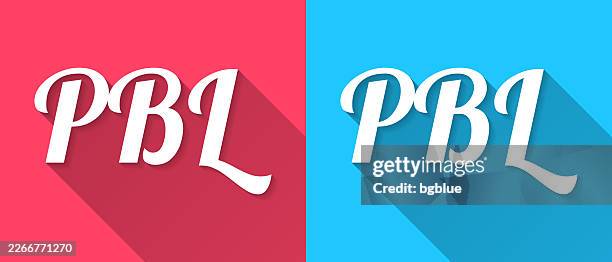 pbl - project based learning - flat design with long shadow on blue and red background - activity based working stock illustrations