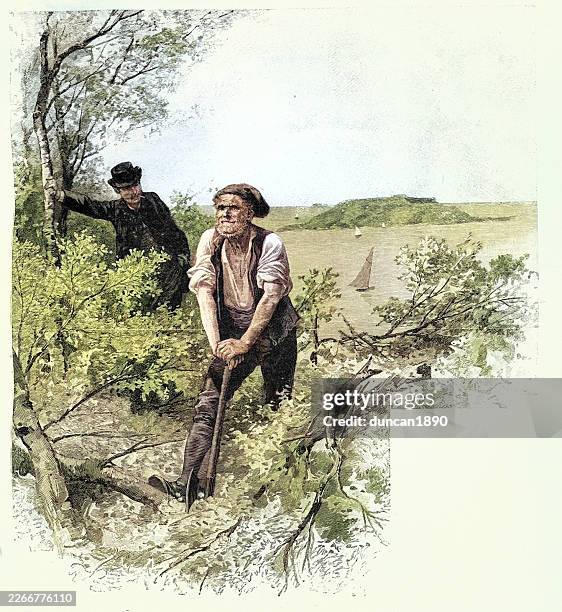 man with an axe cutting down trees, vintage illustration 19th century, scene from reparation par jean carol, emile bayard - lumberjack stock illustrations