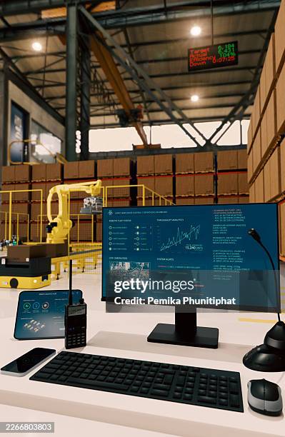 automated supply chain management via interactive dashboard in high-tech warehouse. - clever storage stock pictures, royalty-free photos & images