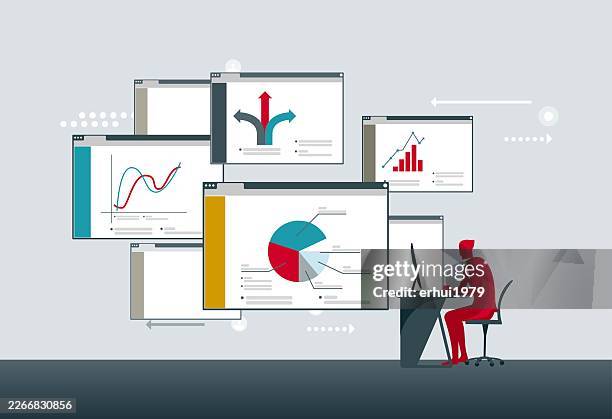 businessman analyzing big data and multiple digital interfaces - looking at multiple monitors stock illustrations