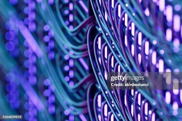 data center server rack with led lighting and high-speed ethernet cables, 3d render of cloud computing infrastructure and network connectivity concept - rack stock pictures, royalty-free photos & images