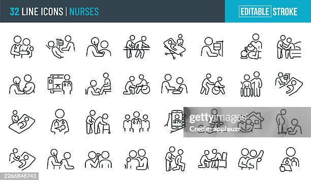ilustraciones, imágenes clip art, dibujos animados e iconos de stock de enfermeras e iconos de líneas finas de enfermería - trazo editable - asistente de enfermera