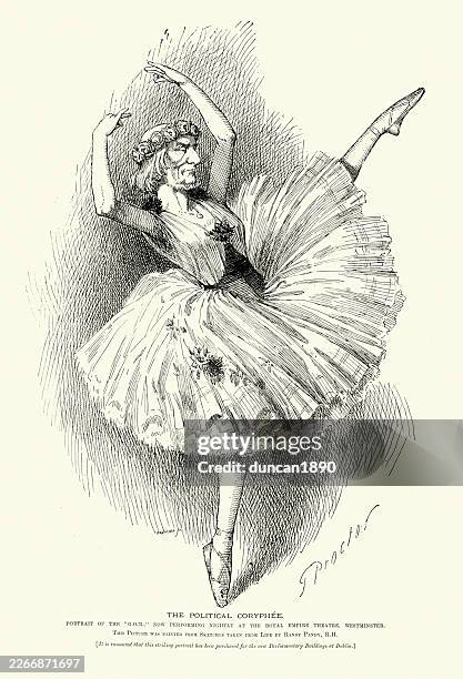 history british politics, satirical caricature of william ewart gladstone, prime minster, as a ballerina, vintage illustration 19th century victorian 1893 - satire stock illustrations