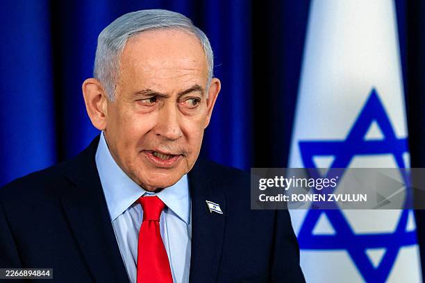 Israeli Prime Minister Benjamin Netanyahu speaks during a press conference in Jerusalem on March 19, 2026. Netanyahu said on March 19 that Israel and...