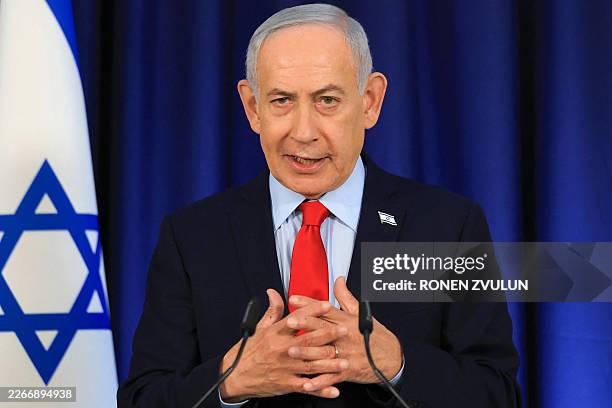 Israeli Prime Minister Benjamin Netanyahu speaks during a press conference in Jerusalem on March 19, 2026. Netanyahu said on March 19 that Israel and...