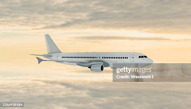3d rendered modern airplane flying in sky with clouds - plane engine stock illustrations