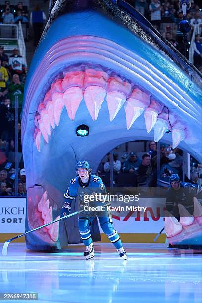 Will Smith of the San Jose Sharks takes the ice through the Shark Head before the game against the Buffalo Sabres at SAP Center on March 19, 2026 in...