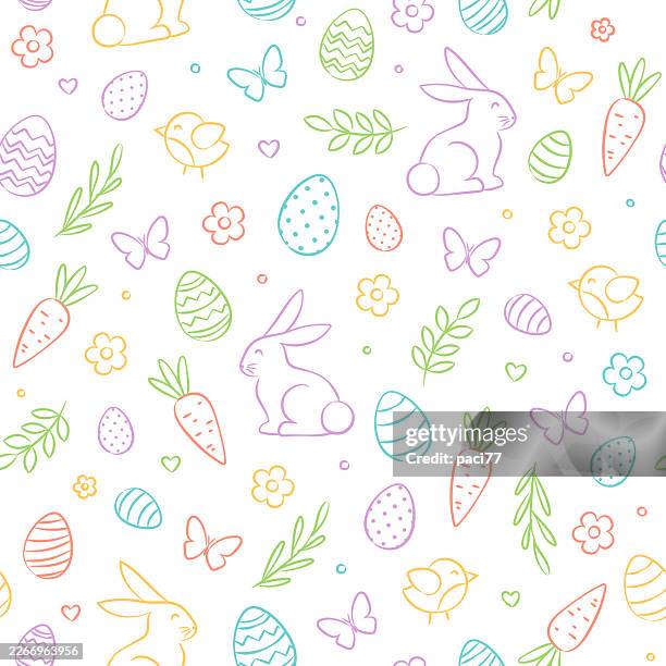 colorful easter icons pattern with rabbit bunny , easter eggs, tree branches, flowers and chicks. - easter seamless pattern stock illustrations