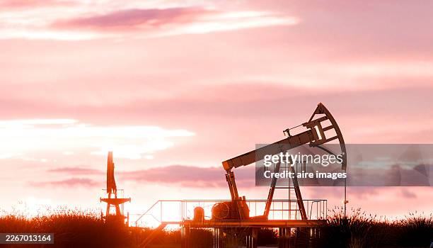 oil pump jack producing petroleum against sunset sky - industria petrolera fotografías e imágenes de stock