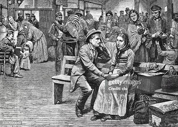 immigrants at new york, a hopeful young couple sitting on a bench in the foreground holding hands - immigration detention center stock illustrations