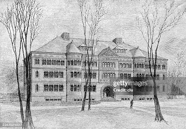 sever hall at harvard university in cambridge — a broad brick façade stands in quiet symmetry, where modern learning begins to take architectural form amid bare winter trees - cambridge massachusetts stock illustrations