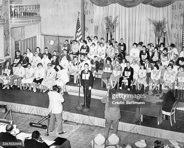 General view of the start of the thirty seventh annual National Spelling Bee in Washington, D.C. Standing and spelling is William Clutter,...