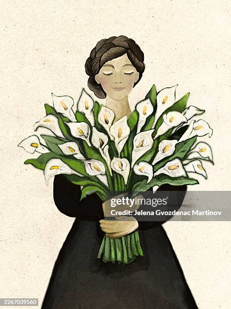 young woman holding a large bouquet of calla lilies - calla lily stock illustrations
