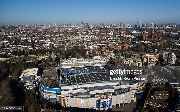 An aerial view of Stamford Bridge prior to the UEFA Champions League 2025/26 Round of 16 Second Leg match between Chelsea FC and Paris Saint-Germain...