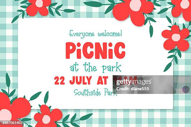 picnic party invitation template on blue checked pattern - potluck stock illustrations