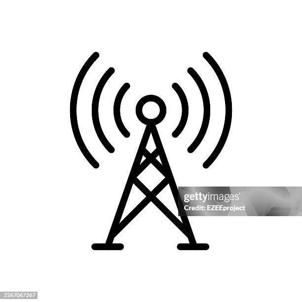 telecommunication tower icon with radio waves. wireless network signal transmitter vector symbol. broadcasting antenna and connectivity icon. mobile network tower line art illustration - cell tower stock illustrations