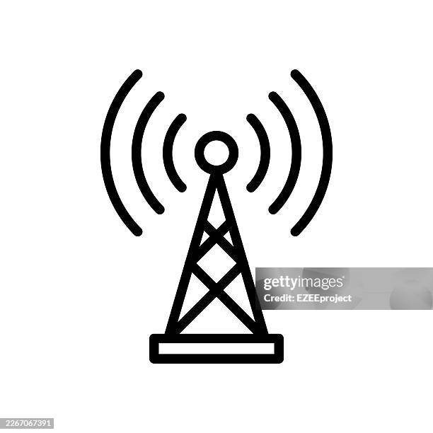 telecommunication tower icon with radio waves. wireless network signal transmitter vector symbol. broadcasting antenna and connectivity icon. mobile network tower line art illustration - cell tower stock illustrations