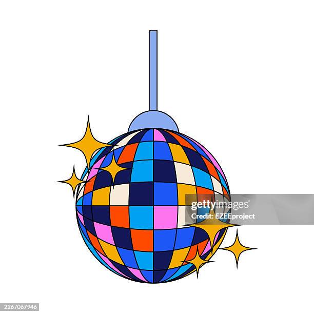 retro colorful disco ball with sparkling stars. mirror ball vector for party and night club theme. 70s retro style disco ball illustration isolated. vibrant geometric disco ball for dance events - disco ball stock illustrations