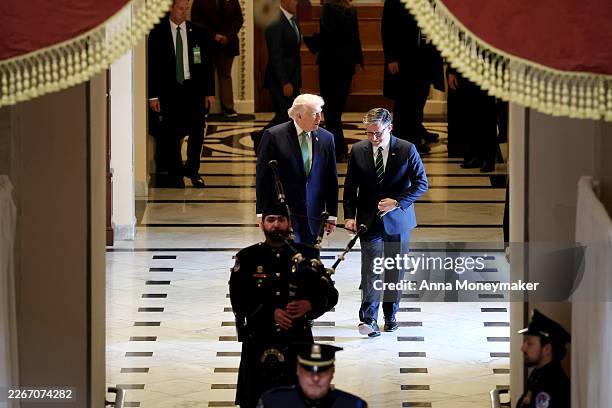 President Donald Trump and Speaker of the House Mike Johnson depart from the annual Friends of Ireland Luncheon, in Statuary Hall at the U.S. Capitol...