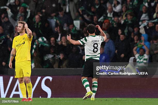Pedro Goncalves of Sporting Clube de Portugal celebrates scoring his team's second goal during the UEFA Champions League 2025/26 Round of 16 Second...
