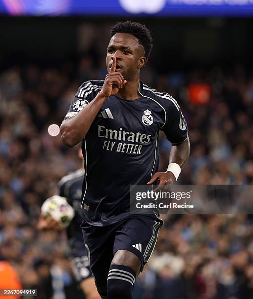 Vinicius Junior of Real Madrid celebrates scoring his team's first goal from the penalty spot during the UEFA Champions League 2025/26 Round of 16...