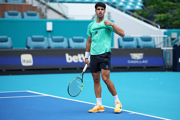 Carlos Alcaraz of Spain practices on day 1 of the Miami Open at Hard Rock Stadium on March 17, 2026 in Miami Gardens, Florida.
