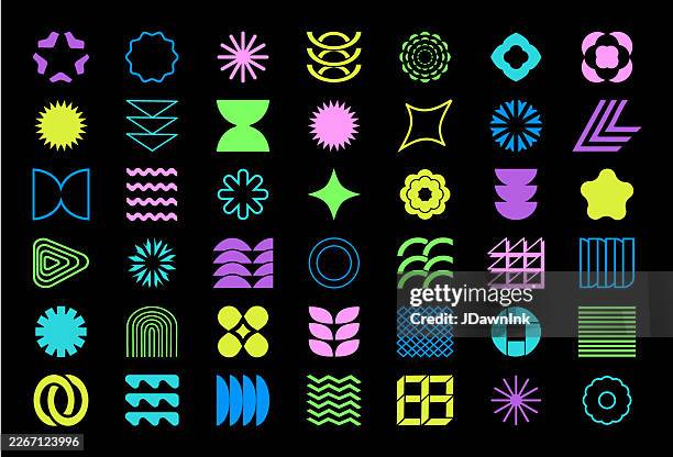 set of retro brutalist geometric logo shape patterns with 2000s style y2k style in neon colors - geometry icon stock illustrations