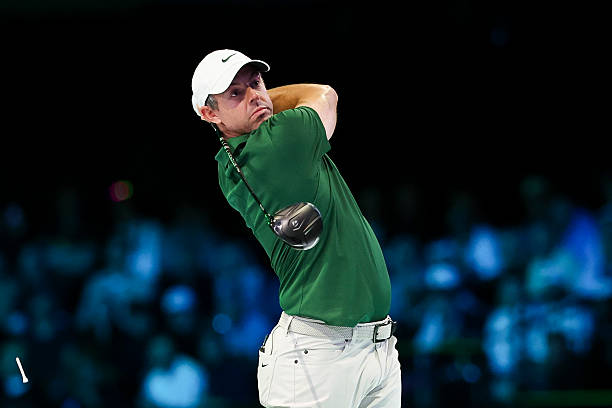 Rory McIlroy of Boston Common Golf plays a shot on the fourth hole during a match against Jupiter Links GC at SoFi Center on March 17, 2026 in Palm...
