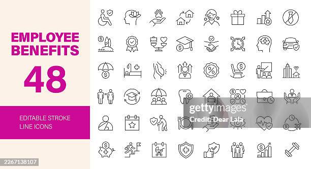 employee benefits icon set. editable line icons. vector illustration. - workers compensation stock illustrations