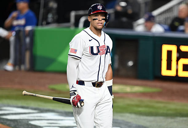 Aaron Judge of Team United States reacts to a strike out call in the fourth inning during the 2026 World Baseball Classic Championship between...