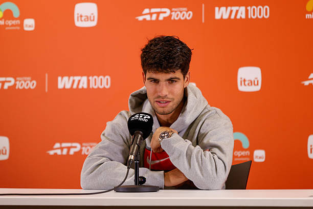 Carlos Alcaraz speaks to the media after his men's singles match against Joao Fonseca at the Miami Open on March 20 at Hard Rock Stadium in Miami...