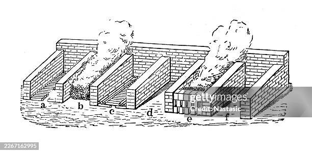 frühe industrielle methode zur erzverarbeitung, bekannt als stadel-röstung. - carbon capture stock-grafiken, -clipart, -cartoons und -symbole