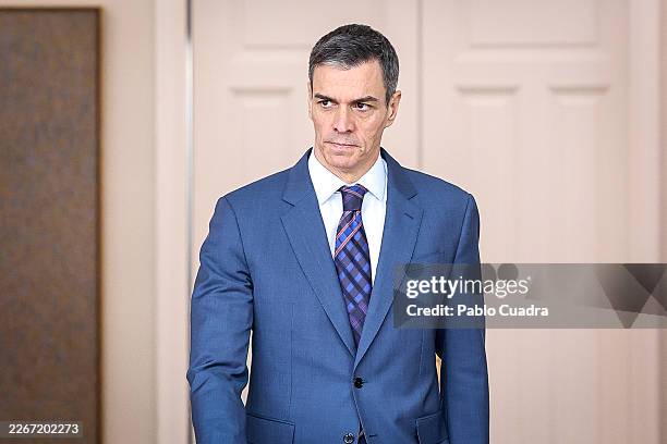 Spanish Prime Minister Pedro Sánchez and Ukrainian President Volodymyr Zelensky meet at Moncloa Palace on March 18, 2026 in Madrid, Spain. President...