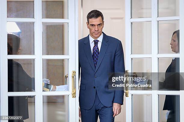 Spanish Prime Minister Pedro Sánchez and Ukrainian President Volodymyr Zelensky meet at Moncloa Palace on March 18, 2026 in Madrid, Spain. President...