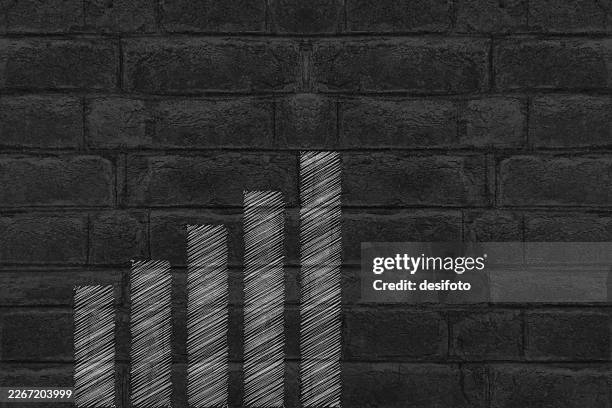 upward increasing bar graph chart scribbled brush stroke as graffiti on dark gray black rustic brick wall vector background for success, improvement, growth, business strategy with copy space - stone wall texture stock illustrations