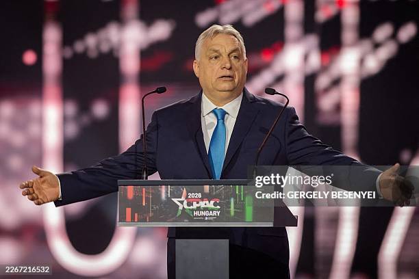 Hungarian Prime Minister Viktor Orban addresses his speech during the Conservative Political Action Conference at a sports and cultural centre in...