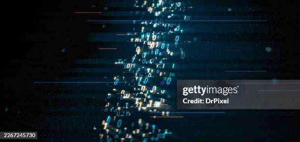 glitch binary code stream on dark blue cyber background - computer code stock pictures, royalty-free photos & images