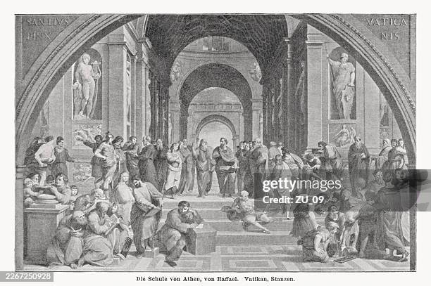 school of athens, painted by raphael, vatican, halftone print, 1898 - philosopher stock illustrations