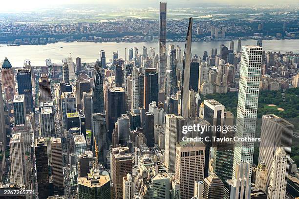 An aerial view of Billionaires' Row looking west toward the Hudson River on July 15, 2025 in New York City.