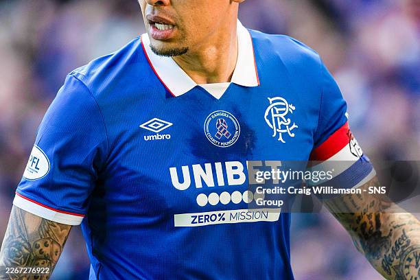 Close up of the Rangers Charity Foundation badge on the Rangers home kit during a William Hill Premiership match between Rangers and Aberdeen at...