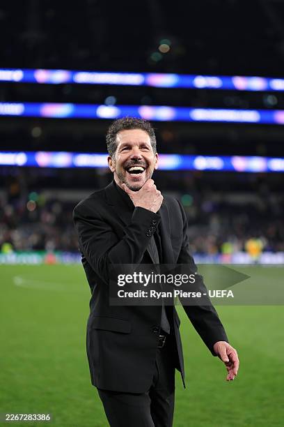 Diego Simeone, Head Coach of Atletico de Madrid, celebrate his team qualifying for the quarter finals of the UEFA Champions League following the UEFA...