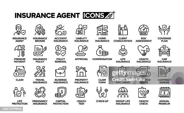 insurance agent line icon set. group of object. contract, agreement, home insurance, car insurance, life insurance. - workers compensation stock illustrations