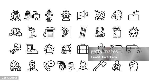 feuerwehrlinien-icon-set. objektgruppe. feuerwehrauto, flamme, feuerrauch, hydrant, explosion. - feuerwehrhelm stock-grafiken, -clipart, -cartoons und -symbole