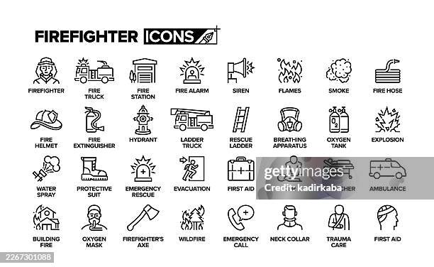 feuerwehrlinien-icon-set. objektgruppe. feuerwehrauto, flamme, feuerrauch, hydrant, explosion. - feuerwehrhelm stock-grafiken, -clipart, -cartoons und -symbole