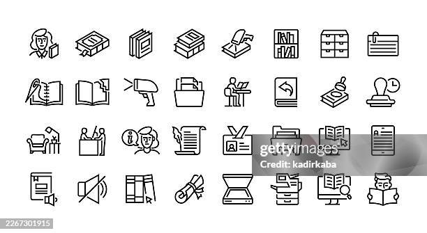 librarian line icon set. group of object. book, archive, bookshelf, student, library, public library. - library archives stock illustrations