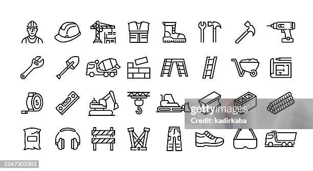 construction worker line icon set. group of object. construction site, hammer, drill, wrench, shovel, blueprint. - construction workers break stock illustrations