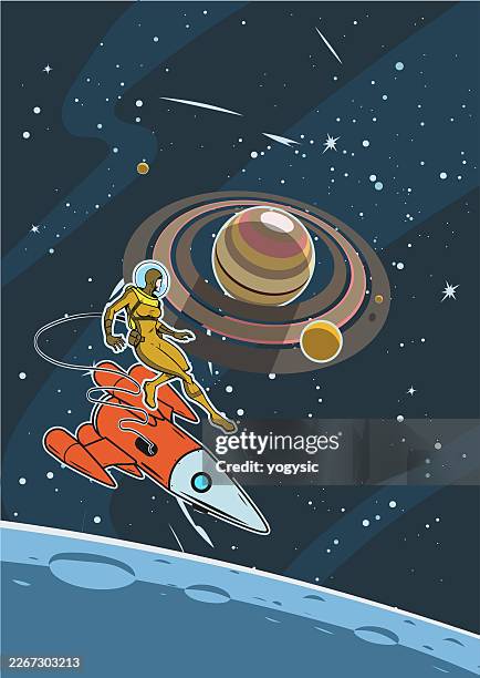 vector retro female astronauts in outer space stock illustration - space astronaut stock illustrations