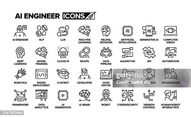 ai engineer line icon set. group of object. machine learning, artificial intelligence, neural network. - application programming interface stock illustrations